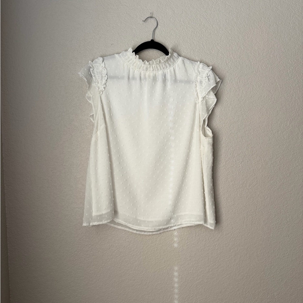 CeCe White Swiss Dot Ruffle Neck Sleeveless Blouse